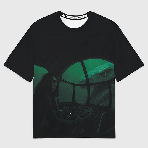 Мужская футболка оверсайз Нападение Тилозавра на девушку в батискафе ужасы / 3D-принт – фото 1