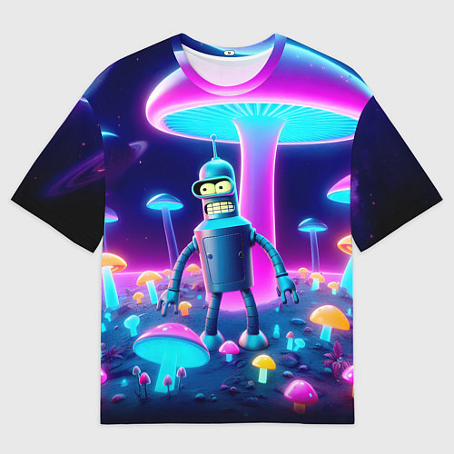 Мужская футболка оверсайз Робот-сгибальщик Бендер на поляне неоновых грибов / 3D-принт – фото 1