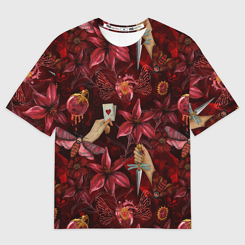Мужская футболка оверсайз Бордовая готика с сердцем, лилиями и мотыльками / 3D-принт – фото 1
