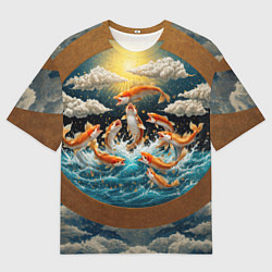 Мужская футболка оверсайз Большие золотистые рыбы выпрыгивают из воды
