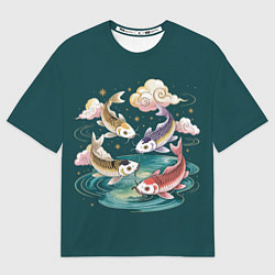 Футболка оверсайз мужская Рыбы в облаках над прудом, цвет: 3D-принт