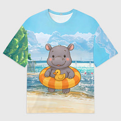 Мужская футболка оверсайз Бегемотик в плавательном круге с уточкой