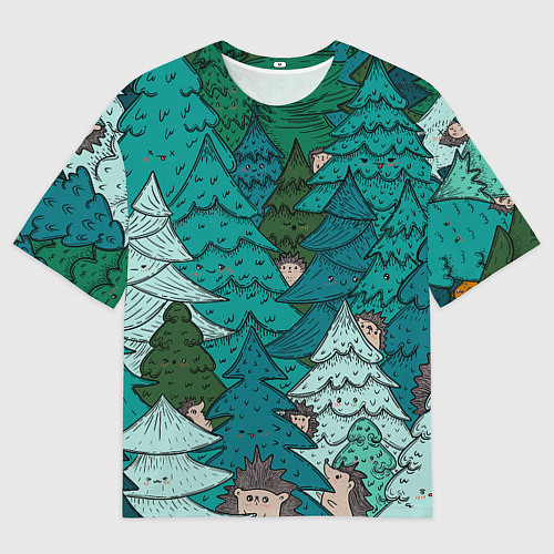 Мужская футболка оверсайз Ежи в еловом лесу / 3D-принт – фото 1