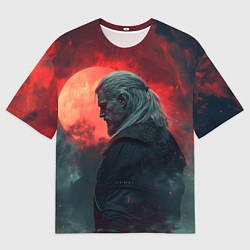 Мужская футболка оверсайз Ведьмак на фоне красной луны