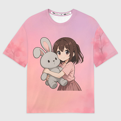 Мужская футболка оверсайз Девочка обнимает зайцика в аниме / 3D-принт – фото 1