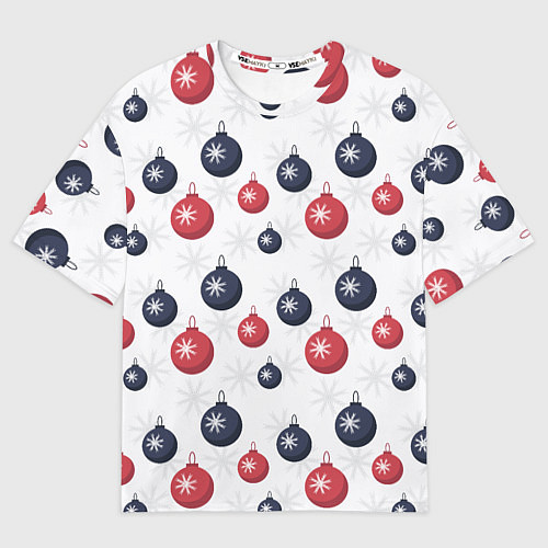 Мужская футболка оверсайз Синие и красные новогодние шары со снежинками / 3D-принт – фото 1