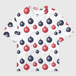 Футболка оверсайз мужская Синие и красные новогодние шары со снежинками, цвет: 3D-принт