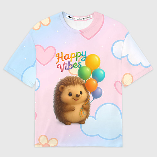 Мужская футболка оверсайз Happy vibes ежик с разноцветными шариками / 3D-принт – фото 1
