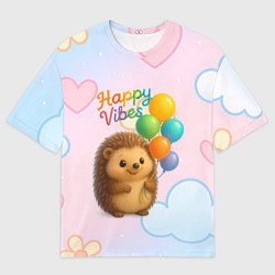 Мужская футболка оверсайз Happy vibes ежик с разноцветными шариками