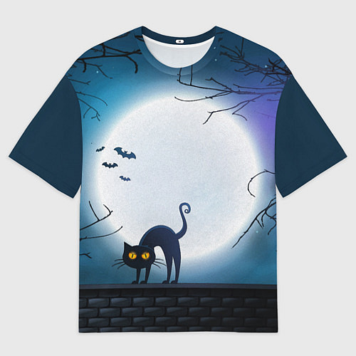 Мужская футболка оверсайз Полнолуние и черный кот - жуткий Хэллоуин / 3D-принт – фото 1
