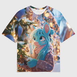 Мужская футболка оверсайз Синяя новогодняя лошадка