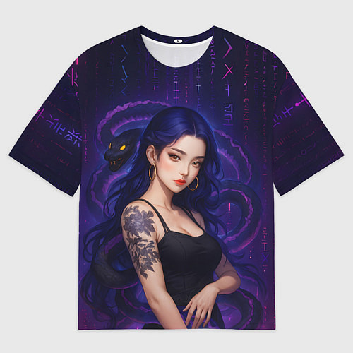 Мужская футболка оверсайз Девушка с тату на руке и пурпурная змея / 3D-принт – фото 1