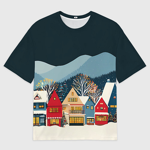 Мужская футболка оверсайз Новогодний городок в горах / 3D-принт – фото 1
