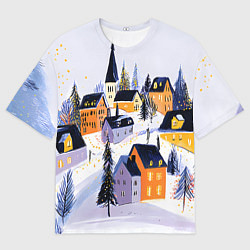 Мужская футболка оверсайз Новогодние домики на горе