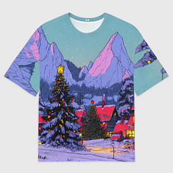 Мужская футболка оверсайз Новогодние елки в горном городке