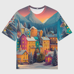 Мужская футболка оверсайз Новогодний город в горах