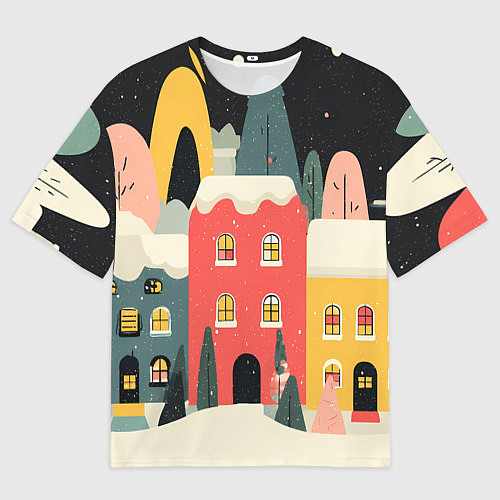 Мужская футболка оверсайз Разноцветные новогодние дома / 3D-принт – фото 1