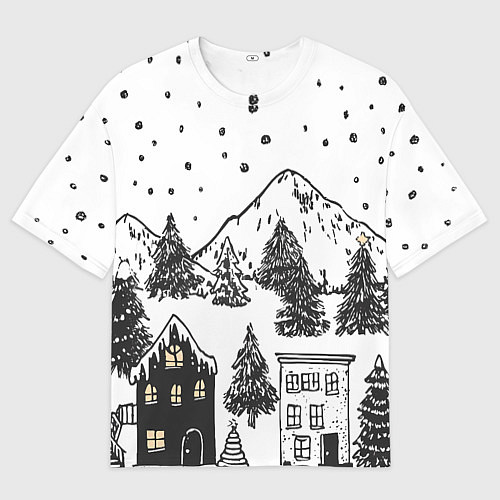 Мужская футболка оверсайз Заснеженный черно-белый город / 3D-принт – фото 1