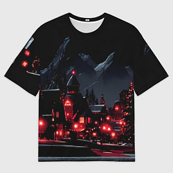 Мужская футболка оверсайз Новогодняя ночь и красные гирлянды