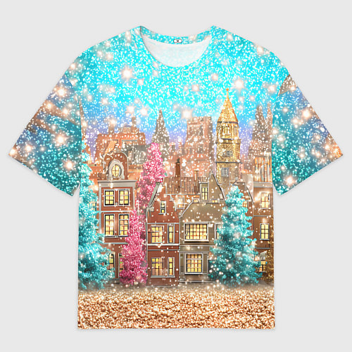 Мужская футболка оверсайз Новогодний город в блестках / 3D-принт – фото 1