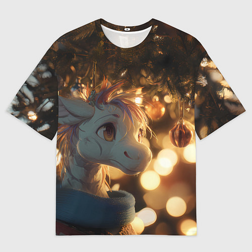 Мужская футболка оверсайз Лошадка под новогодней елкой / 3D-принт – фото 1