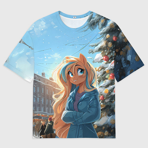 Мужская футболка оверсайз Лошадка на новогодней площади / 3D-принт – фото 1