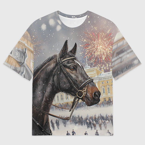 Мужская футболка оверсайз Конь на фоне салюта / 3D-принт – фото 1