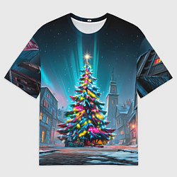 Мужская футболка оверсайз Новогодняя елка в гирляндах