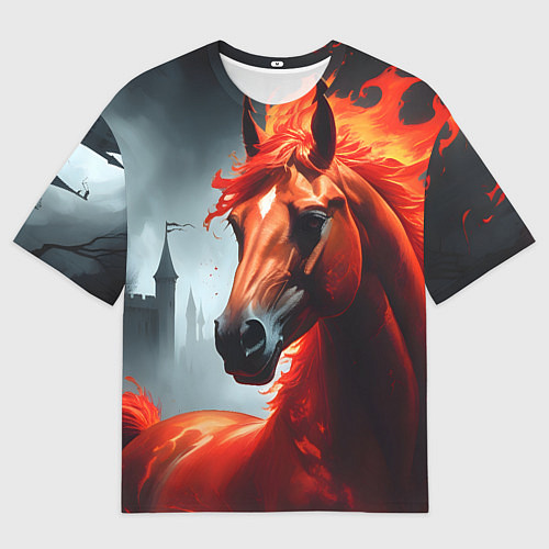 Мужская футболка оверсайз Огненная лошадь на сером / 3D-принт – фото 1
