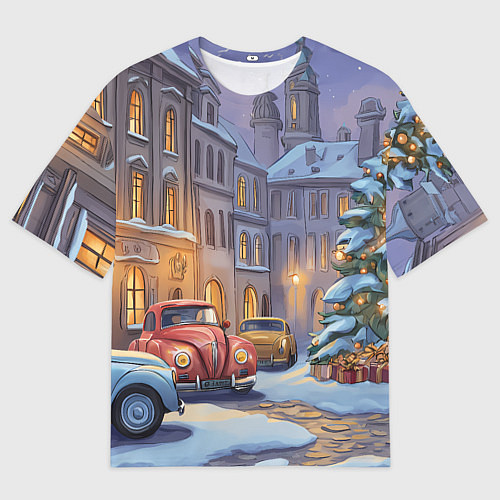 Мужская футболка оверсайз Новогодний снежный двор / 3D-принт – фото 1