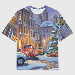 Мужская футболка оверсайз Новогодний снежный двор