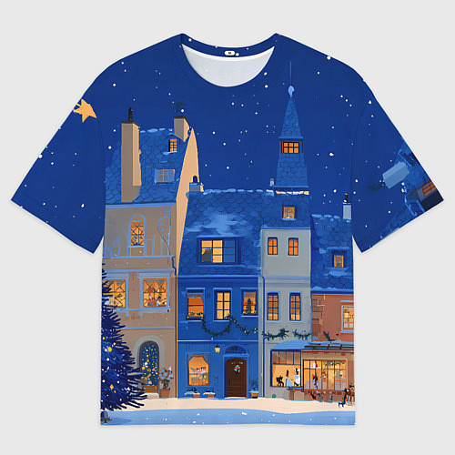Мужская футболка оверсайз Синяя новогодняя елочка во дворе / 3D-принт – фото 1