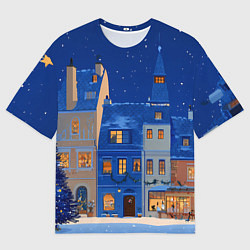 Мужская футболка оверсайз Синяя новогодняя елочка во дворе