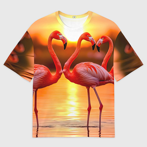 Мужская футболка оверсайз Розовый закат с фламинго / 3D-принт – фото 1