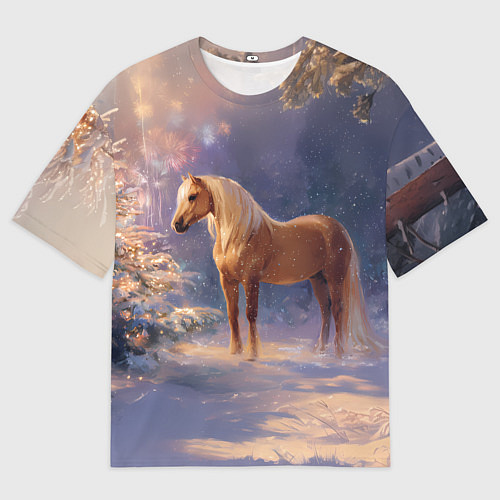 Мужская футболка оверсайз Лошадка в новогоднем лесу / 3D-принт – фото 1
