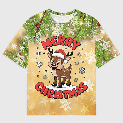 Мужская футболка оверсайз Олень в шапке Санты / 3D-принт – фото 1
