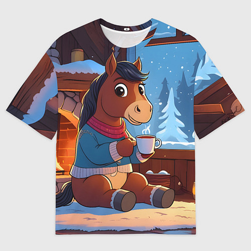 Мужская футболка оверсайз Лошадка у камина / 3D-принт – фото 1