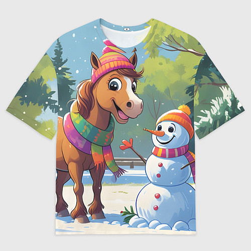 Мужская футболка оверсайз Лошадка и снеговик / 3D-принт – фото 1