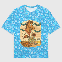 Мужская футболка оверсайз Лошадь готовит Оливье на Новый год