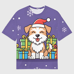 Мужская футболка оверсайз Новогодняя собачка с подарками