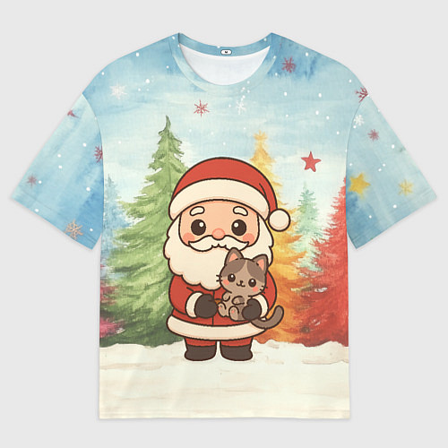 Мужская футболка оверсайз Санта с котенком / 3D-принт – фото 1