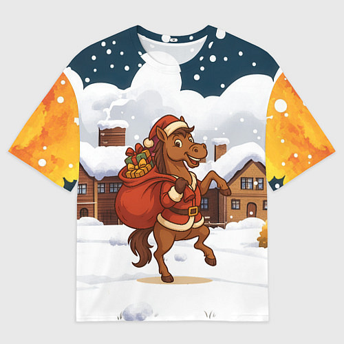 Мужская футболка оверсайз Новогодняя лошадка с мешком подарков / 3D-принт – фото 1