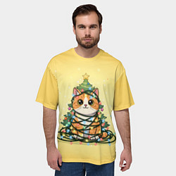 Футболка оверсайз мужская Новогодний котик в гирлянде, цвет: 3D-принт — фото 2