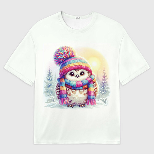Мужская футболка оверсайз Совушка в шапке и шарфе / 3D-принт – фото 1