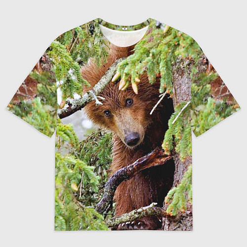 Мужская футболка оверсайз Медведь сидит на ёлке / 3D-принт – фото 1