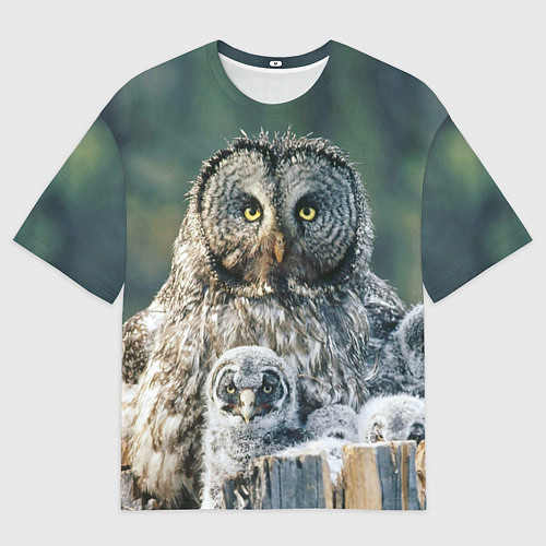 Мужская футболка оверсайз Сова с птенцами на пеньке / 3D-принт – фото 1