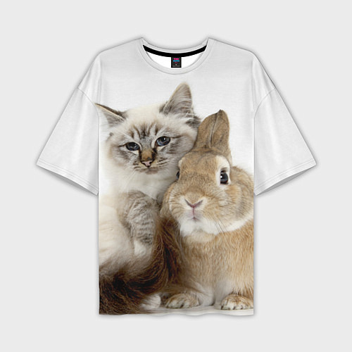 Мужская футболка оверсайз Кот и кролик пушистые / 3D-принт – фото 1