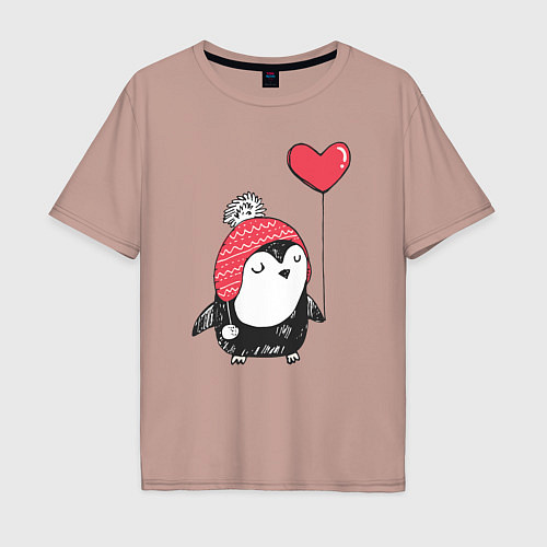 Мужская футболка оверсайз Пингвин-девочка с шариком / Пыльно-розовый – фото 1