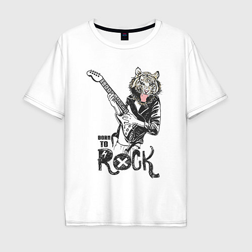 Мужская футболка оверсайз Tiger: born to rock / Белый – фото 1