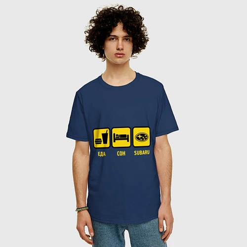 Мужская футболка оверсайз Еда, сон и Subaru / Тёмно-синий – фото 3
